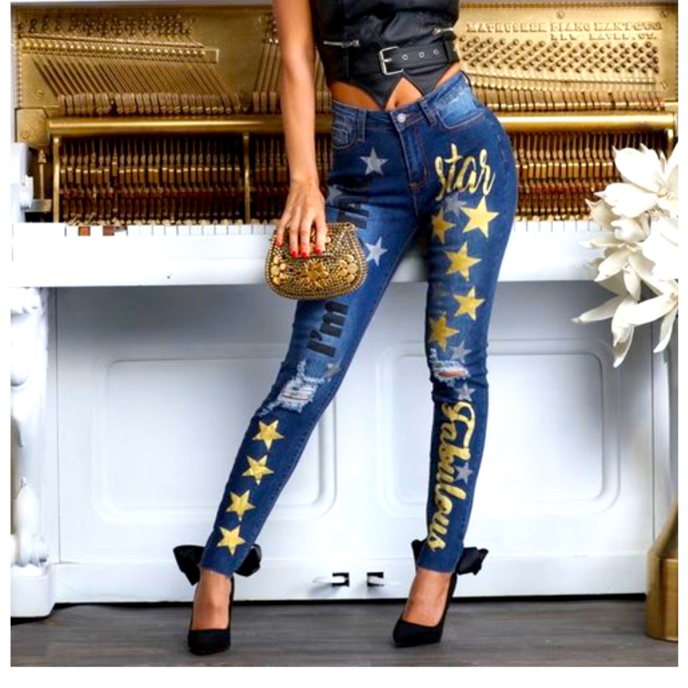 Deminland | Gold Stars Medium Blue Skinny Jeans